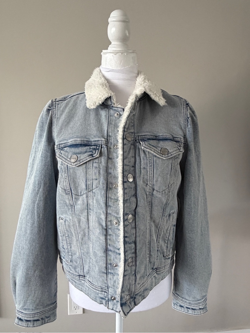 Nanette Lepore Light Blue Denim Sherpa-Lined Bomber Jacket